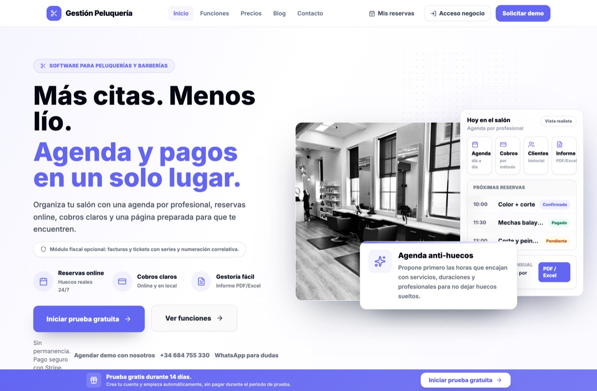 Gestión Peluquerías: agenda por profesional con próximas citas del salón