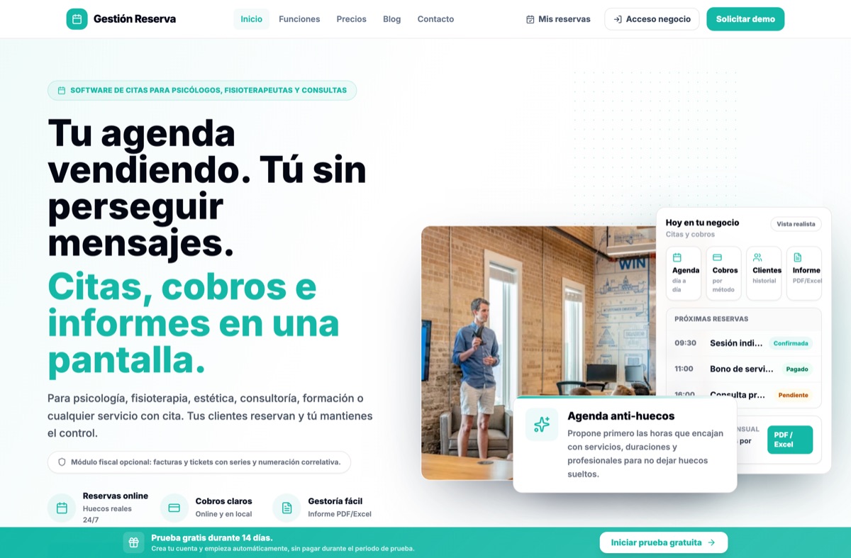 Gestión Reserva: panel con próximas citas, cobros y agenda del día
